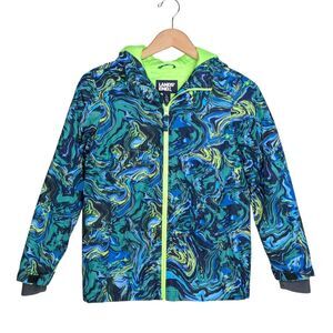 Lands' End Kids Insulated Winter Jacket Sz L 10/12 Blue Neon Green Swirl Hood